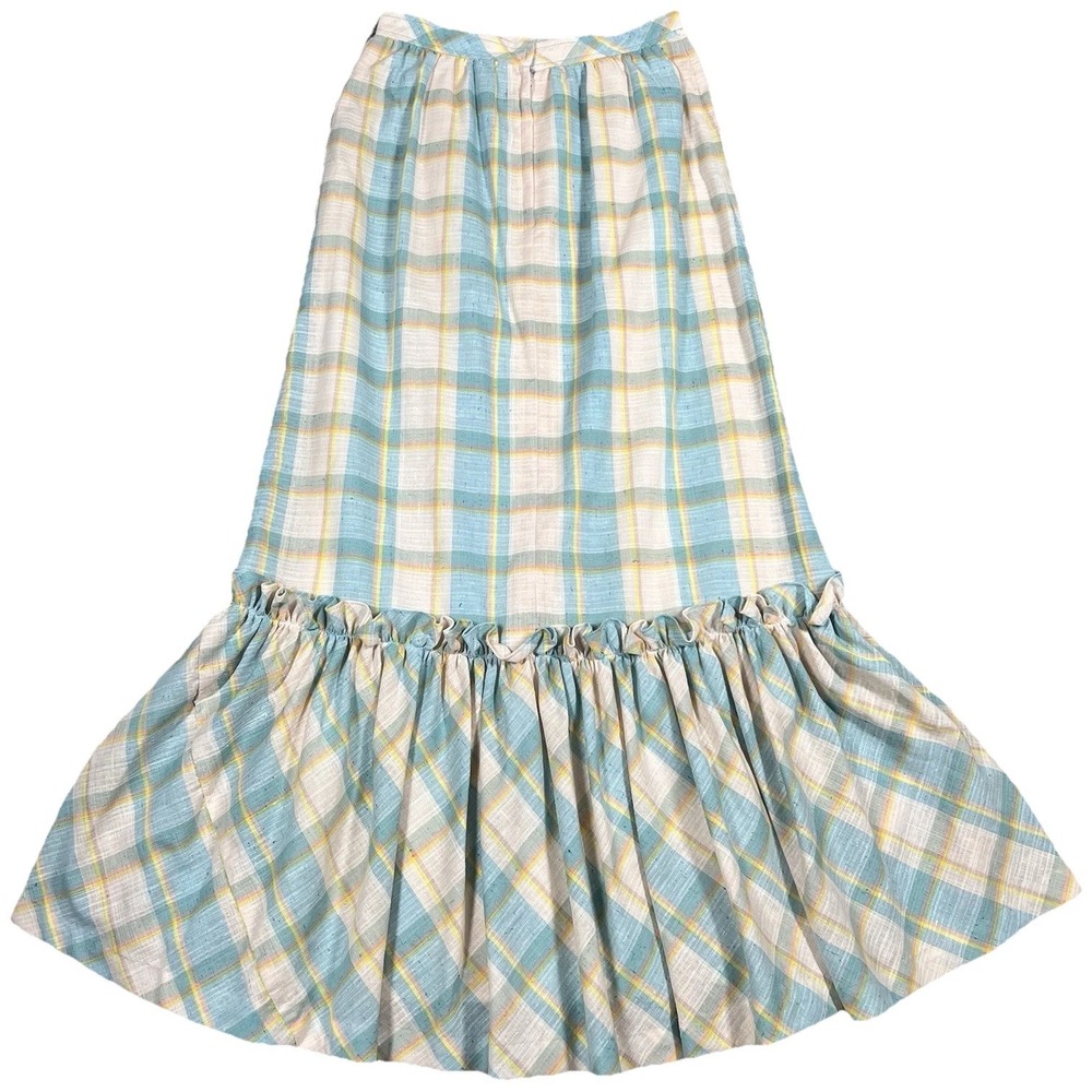 Vintage 1960s Size Small Cottage Pastel Plaid Mint Green Country Set Maxi Skirt